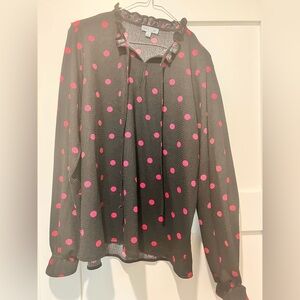 Floral and Ivy Black Blouse with Magenta Polka Dots